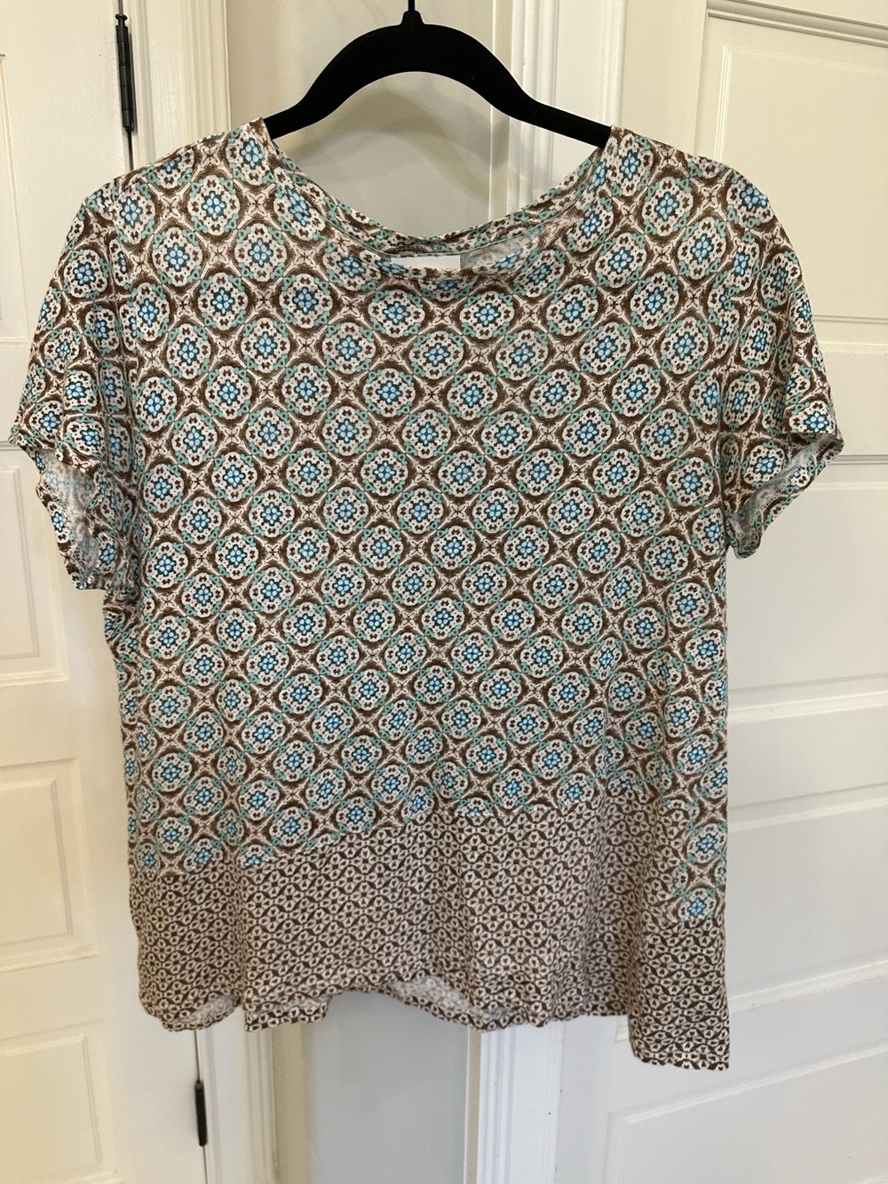 J Jill Love Linen Geometric Print Short Sleeve 100% Linen Top Colorful Womens S